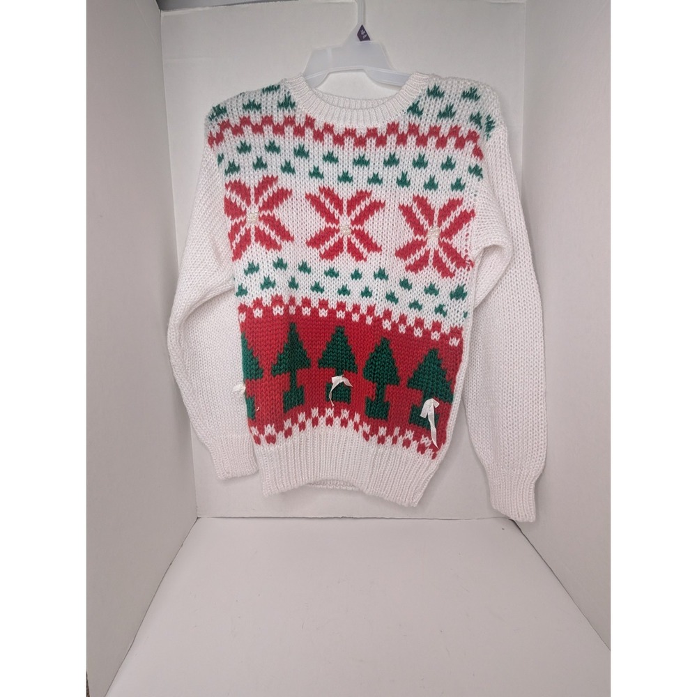 Vintage Adell Barre Christmas Sweater Womens L Hand Knit Poinsettias Trees 80s